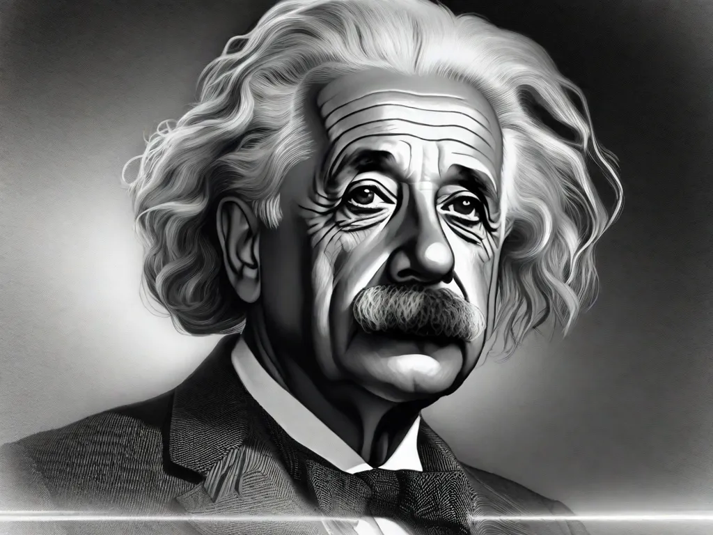 Descrição da imagem: Uma fotografia em preto e branco de Albert Einstein, com seus cabelos e bigode selvagens icônicos. Ele está vestindo um terno e aparece profundamente pensativo, olhando para a distância. A imagem captura a essência de seu gênio e suas significativas contribuições para o campo da física.