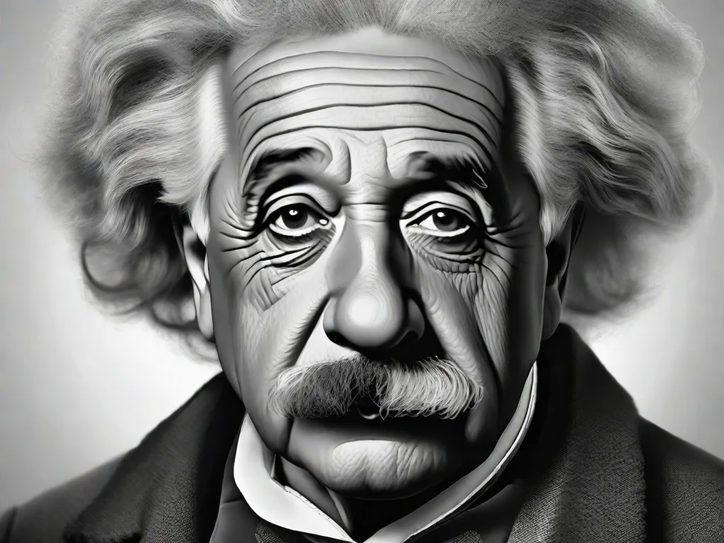 Uma fotografia em preto e branco de Albert Einstein, com seu icônico cabelo desgrenhado e olhar intenso, simboliza o brilhantismo e a inovação que ele trouxe para o campo da física. Essa imagem captura a essência de um cientista que revolucionou nossa compreensão do universo e mudou o curso da história.