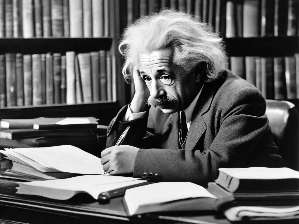 Descrição da imagem: É apresentada uma fotografia em preto e branco de Albert Einstein, o renomado físico. Ele está sentado em uma mesa, mergulhado em pensamentos, com uma pilha de papéis e livros espalhados ao seu redor. A imagem captura sua intensa concentração e a aura de curiosidade intelectual que definiu suas contribuições inovadoras para a ciência.