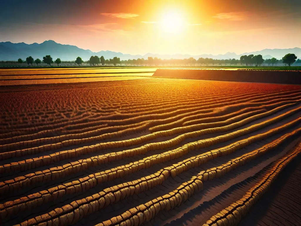 Descrição da imagem: Um vasto campo de culturas murchas sob um sol escaldante, retratando o impacto das mudanças climáticas na agricultura. O solo seco e rachado serve como um lembrete impactante das secas e eventos climáticos extremos que se tornaram mais frequentes, levando a redução da produção de alimentos e escassez alimentar.