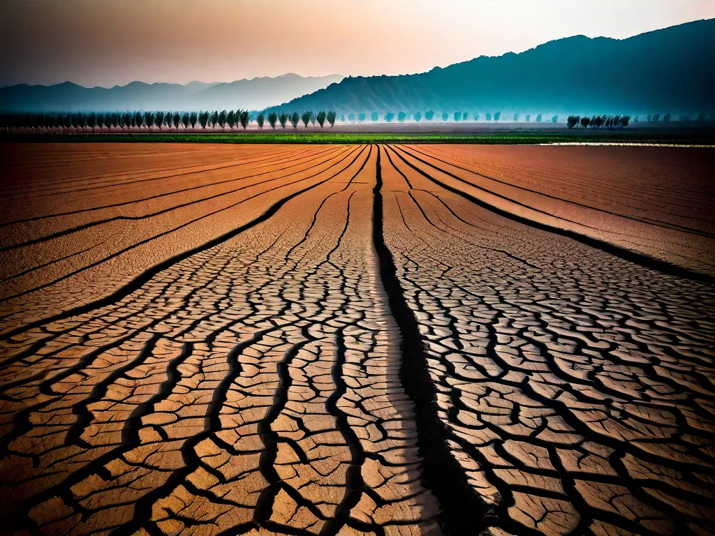 Descrição da imagem:
Um campo estéril se estende sob um sol escaldante, com solo rachado e seco. As colheitas murchas e as plantas desbotadas servem como um lembrete impactante dos efeitos devastadores das mudanças climáticas na agricultura. A imagem retrata a luta enfrentada pelos agricultores enquanto enfrentam secas, ondas de calor e padrões climáticos imprevisíveis