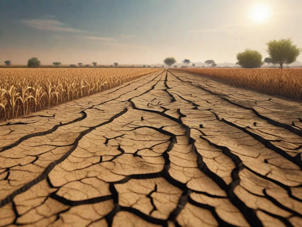 Descrição da imagem: Um vasto campo de culturas murchas sob um sol escaldante, retratando o impacto das mudanças climáticas na agricultura. O solo seco e rachado serve como um lembrete impactante das secas e eventos climáticos extremos que se tornaram mais frequentes, levando a redução da produção de alimentos e escassez alimentar.