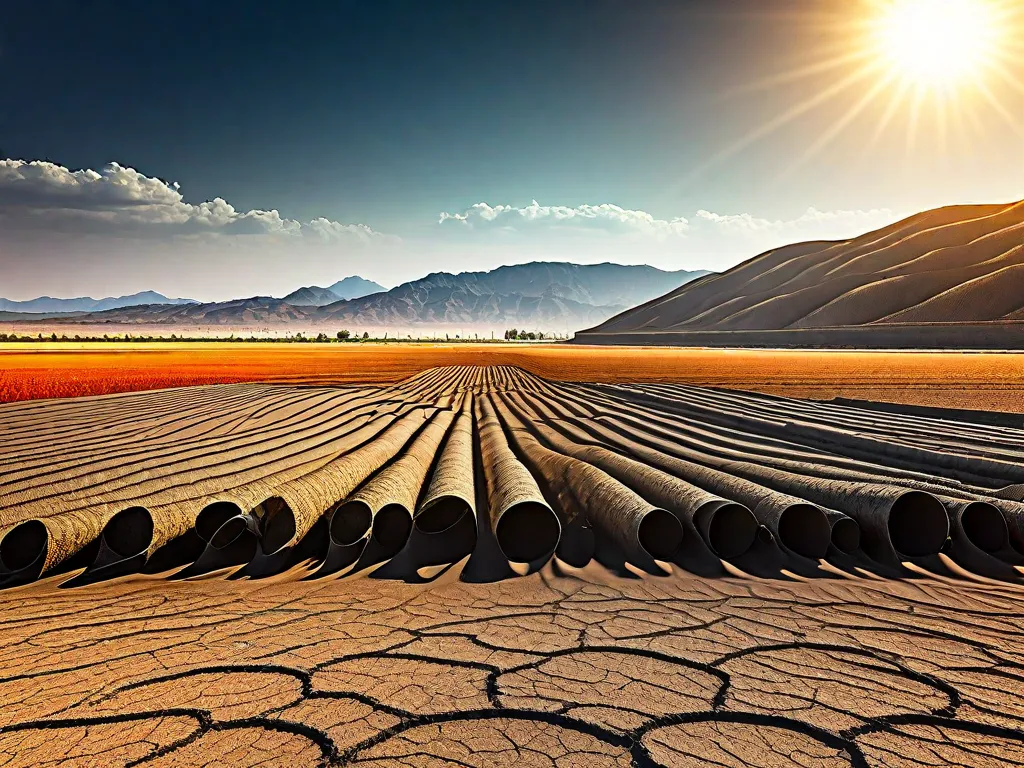 Descrição da imagem: Um campo estéril com solo rachado e seco sob um sol escaldante. As plantações murchas e os tubos de irrigação vazios simbolizam o impacto das mudanças climáticas na agricultura.