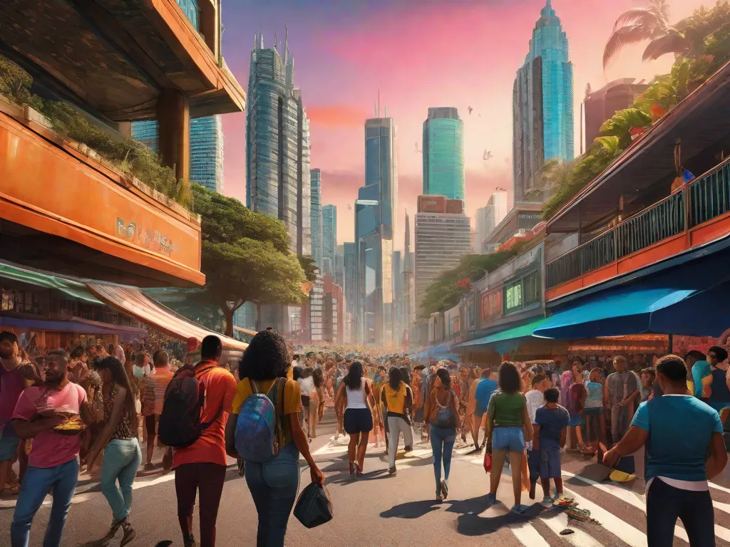Descrição da imagem: Uma paisagem urbana vibrante e caótica, com arranha-céus imponentes e ruas movimentadas cheias de pessoas de todos os estilos de vida. A imagem captura a diversidade e complexidade da sociedade brasileira, refletindo os temas explorados na obra de Patrícia Melo.