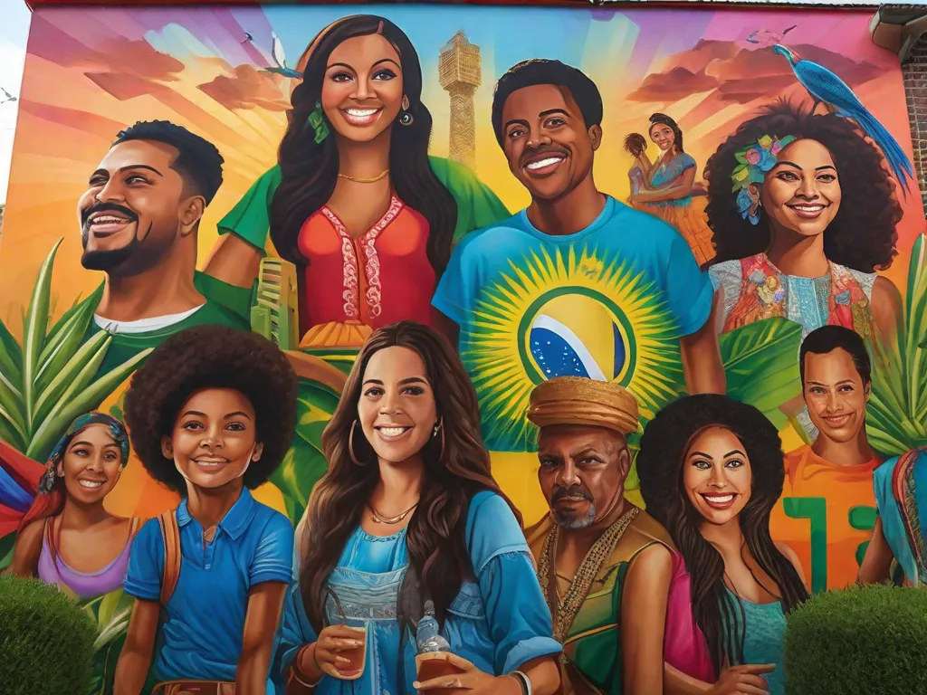 Descrição da imagem: Um vibrante mural em uma parede da cidade retratando vários aspectos da sociedade brasileira. O mural mostra indivíduos diversos envolvidos em diferentes atividades, representando a complexidade e diversidade da população brasileira. As cores e energia do mural refletem a natureza dinâmica da sociedade brasileira, como retratado no trabalho de Patrícia Melo.