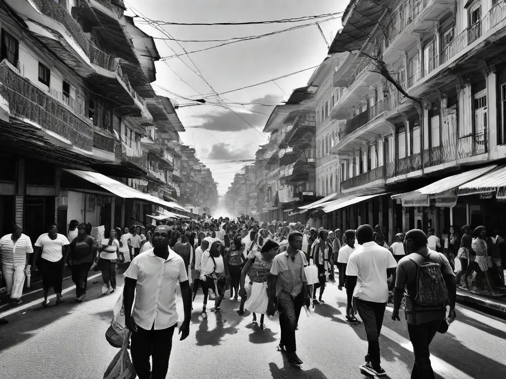 Descrição da imagem: Uma fotografia em preto e branco capturando as movimentadas ruas de uma cidade brasileira. Pessoas de diferentes origens são vistas caminhando em direções diferentes, simbolizando a complexidade e diversidade da sociedade brasileira. A imagem reflete os temas de desigualdade social, corrupção e violência retratados na obra de Patrícia Melo, destacando as duras realidades